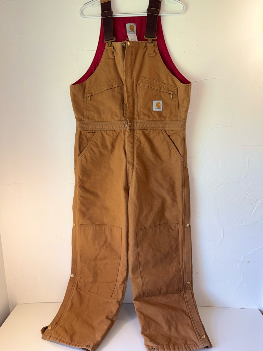 VINTAGE CARHARTT 36x30 BIB RED QUILTED ZIP UP OVERALLS 36 x 30